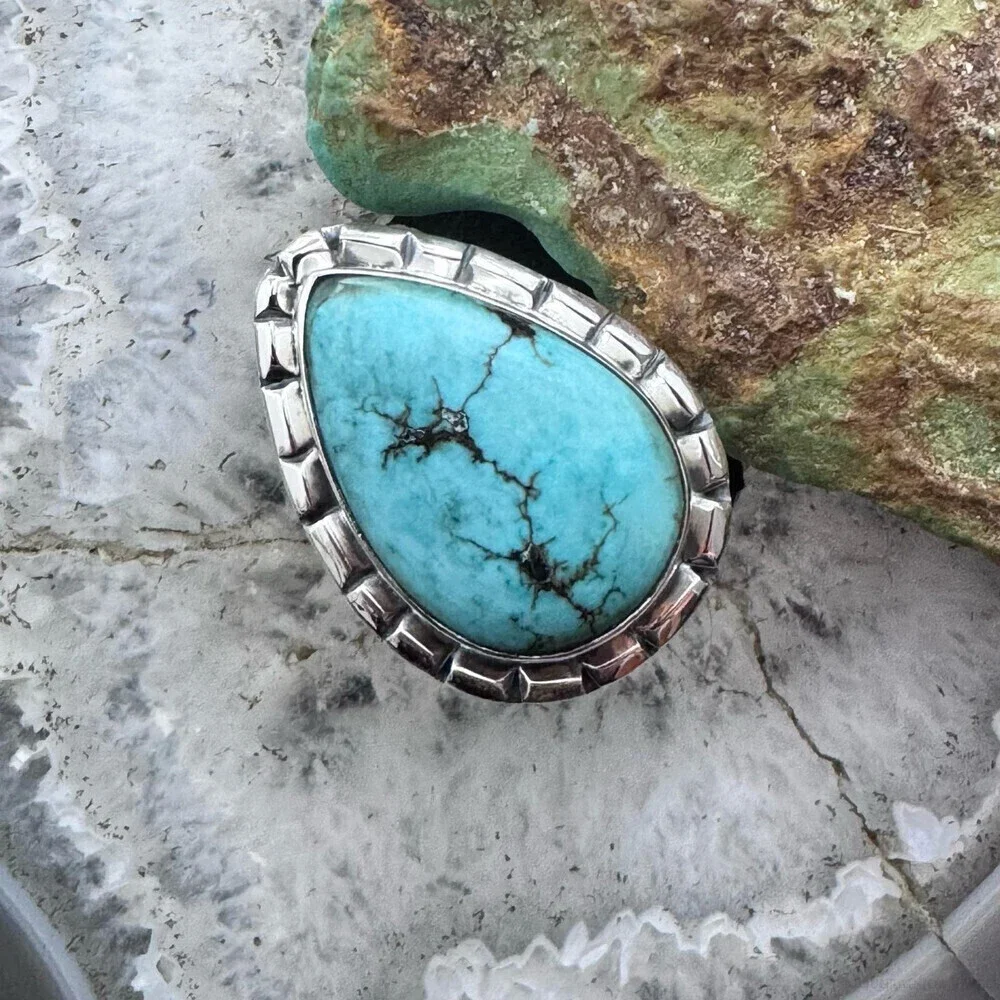 Sterling Southwestern Style Teardrop Tibetan Turquoise Ring Size 7.75 For Women